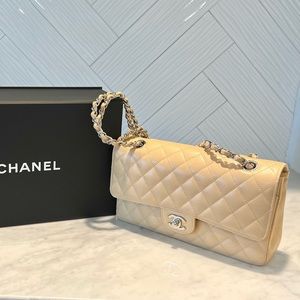 Beige authentic Chanel double flap classic bag